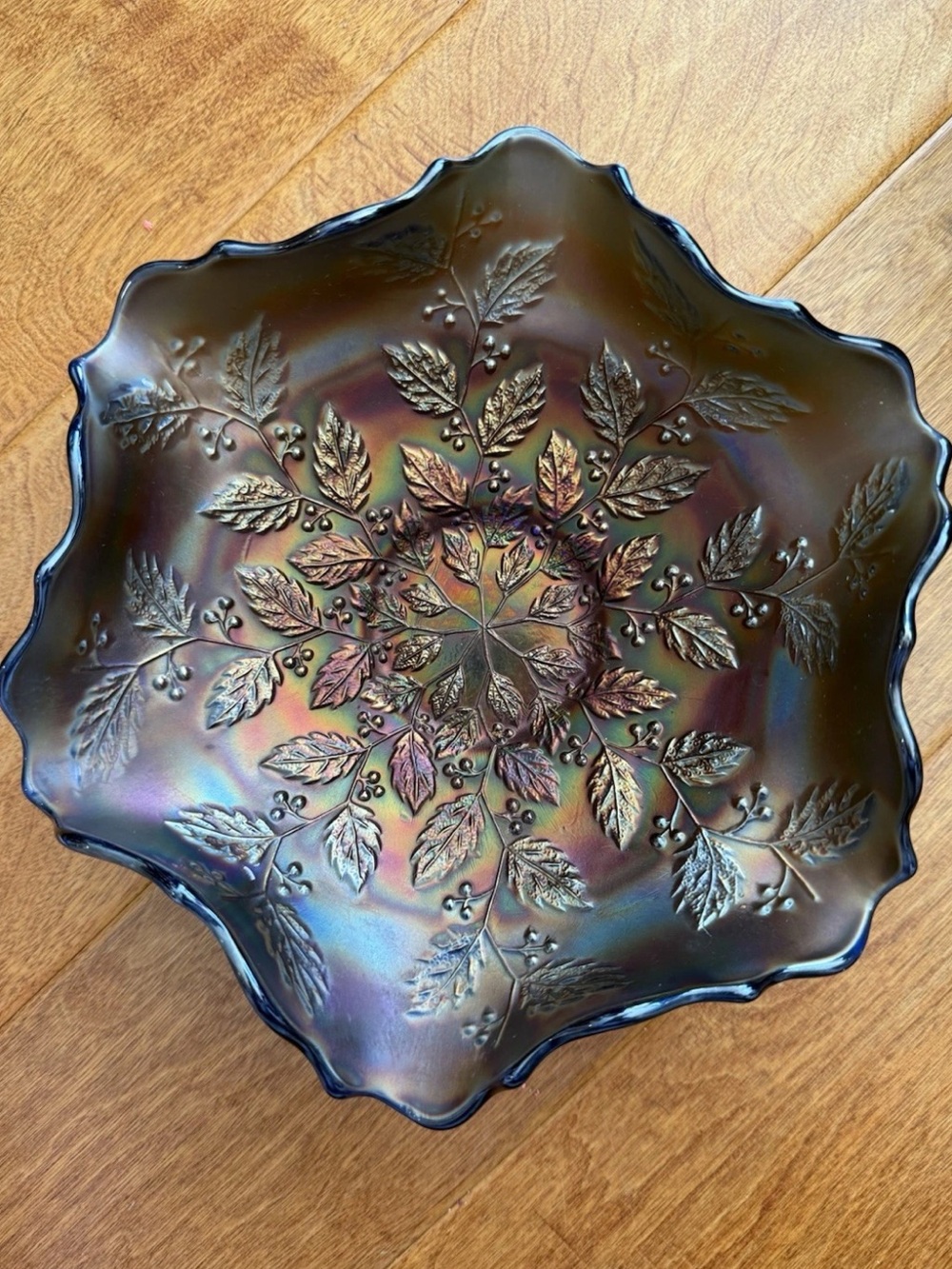 Antique Fenton Ruffled Holly & Berries Bowl Carnival Glass 9” Collar Early 191Os